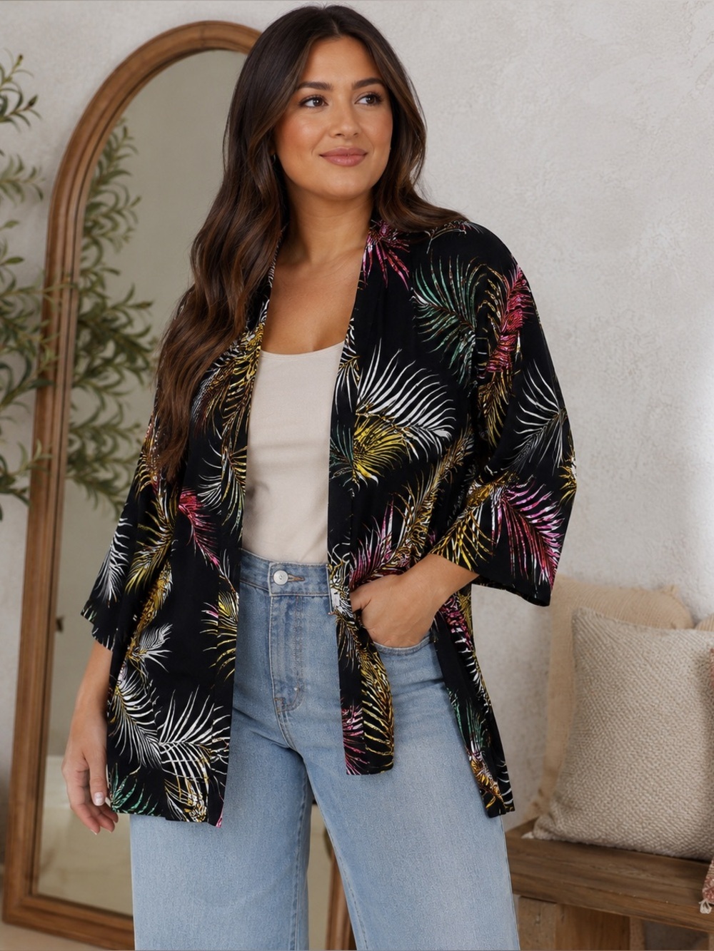 Always Indigo Tropical Palm Print Open Front Kimono Cardigan NWT Large